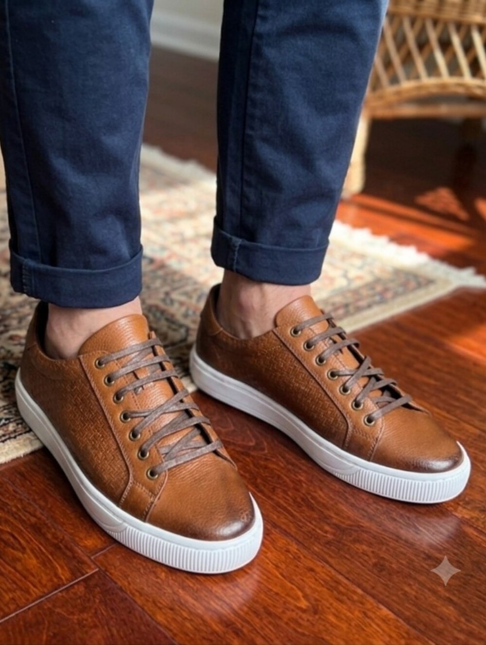 NIB Baccus Shoemaker Hand-Painted Brown Woven Leather Sneakers